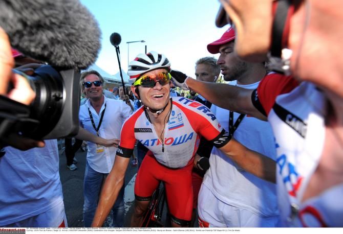 Alexander Kristoff (Katusha) in raptures after winning stage 12