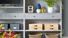 Bespoke grey living room shelves to show the move. out decluttering method