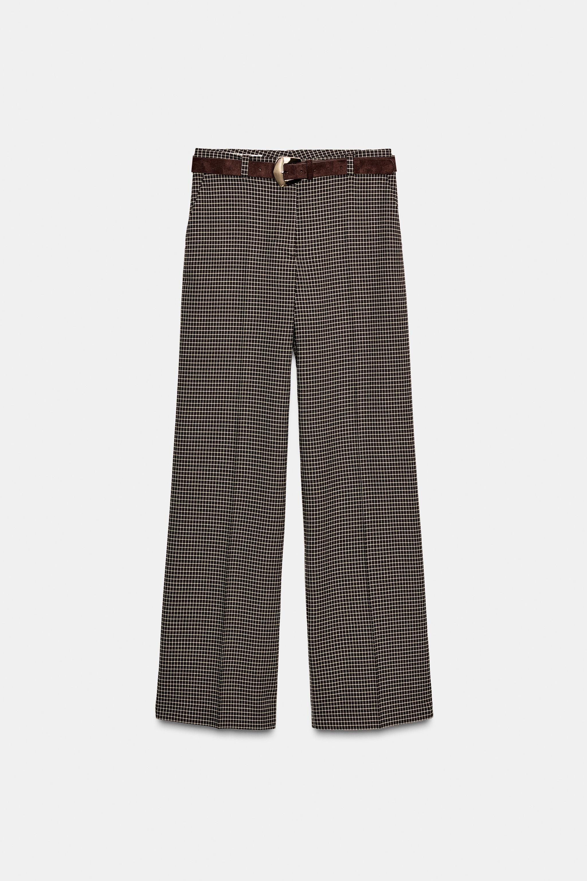 Straight-Leg Plaid Belted Pants
