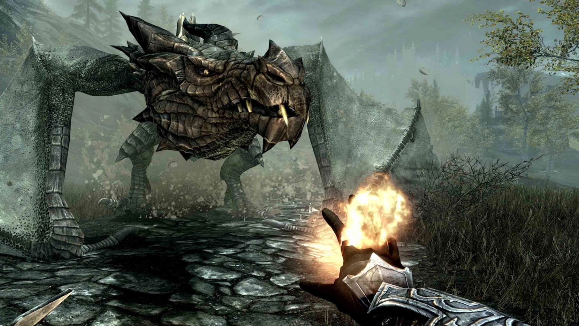The Dragonborn casting a fire spell at a dragon during a fight in the RPG The Elder Scrolls V: Skyrim