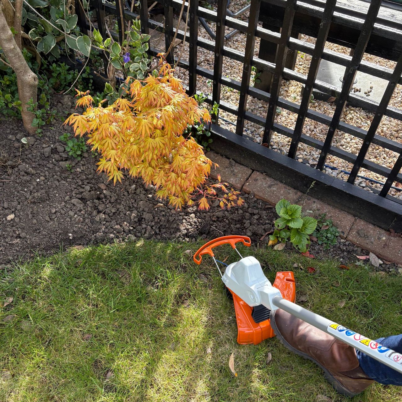STIHL FSA 50 Cordless Grass Trimmer cutting grass in garden