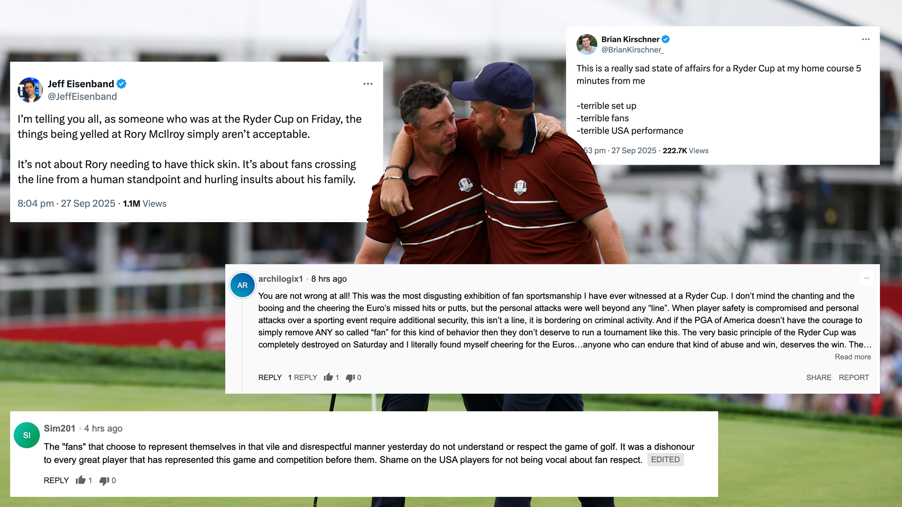 Rory McIlroy and Shane Lowry arm in arm at the Ryder Cup, after receiving unacceptable heckling from the home crowds at Bethpage Black, with inset images of four social media posts criticising the behaviour of fans