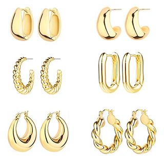 6 Pairs 14k Gold Hoop Earrings for Women Lightweight Chunky Hoop Earrings Multipack Hypoallergenic, Thick Open Twisted Huggie Hoops Earring Set Jewelry for Gifts. (gold)