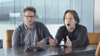 Seth Rogen and Paul Rudd partake in a lively meeting