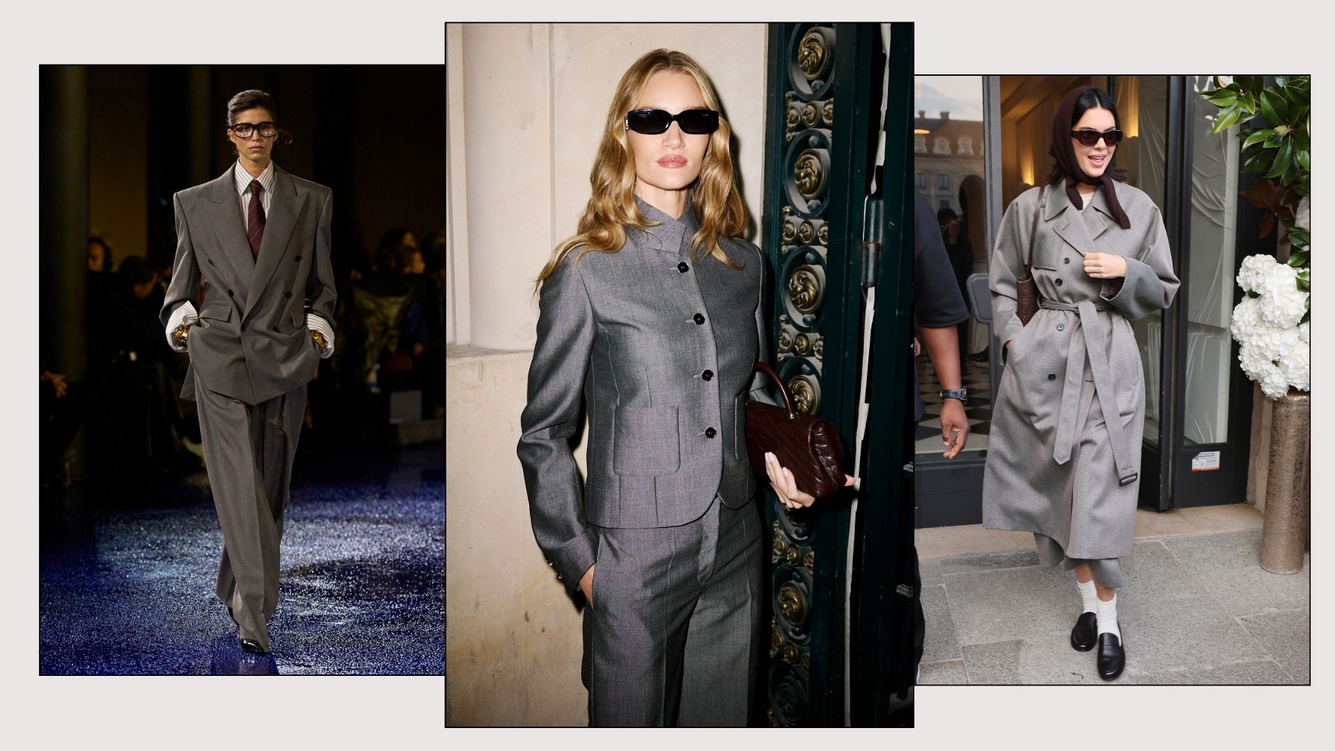 An image of the burgundy and grey outfit trend, as spotted on chic fashion people in Paris, like Kendall Jenner and Rosie Huntington-Whiteley. 