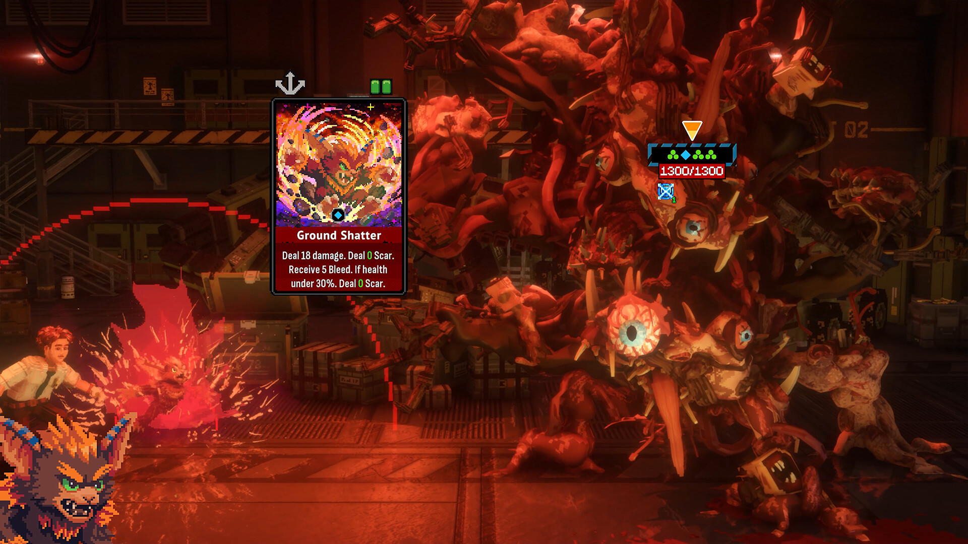 Futuristic battle scene with a character using a powerful attack card, "Ground Shatter," against a large, grotesque monster in a dimly lit lab.