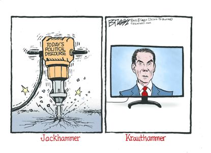 Political cartoon U.S. Charles Krauthammer obituary jackhammer political discourse