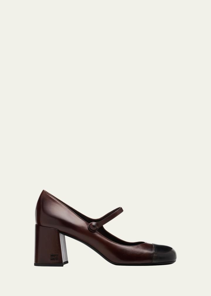 65mm Leather Cap-Toe Mary Jane Pumps