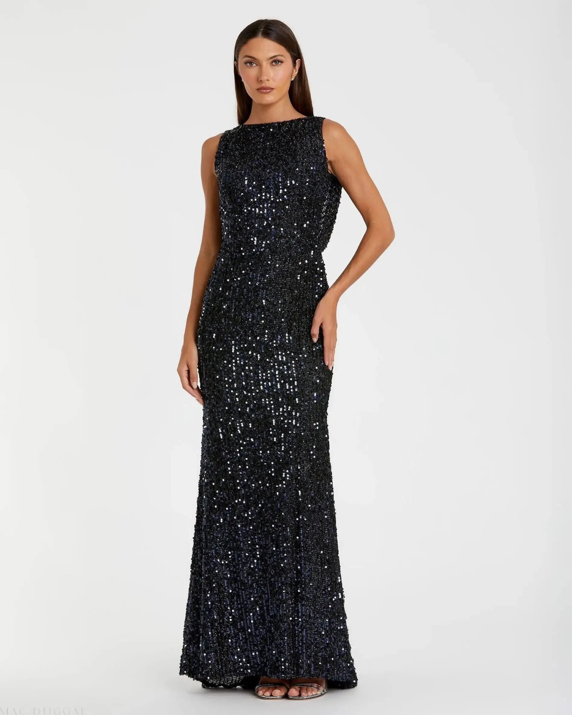 Navy Cowl Back Boat Neck Sequined Evening Gown