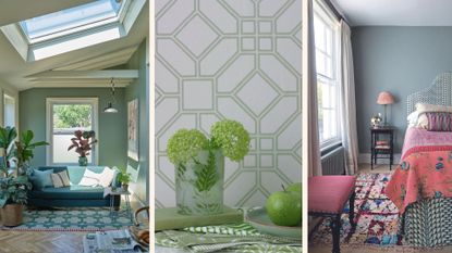 collage image of sage green decorating ideas in a living room, dining room and bedroom