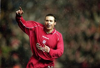 Nick Barmby celebrates after scoring for Liverpool against Olympiacos in the UEFA Cup, December 2000