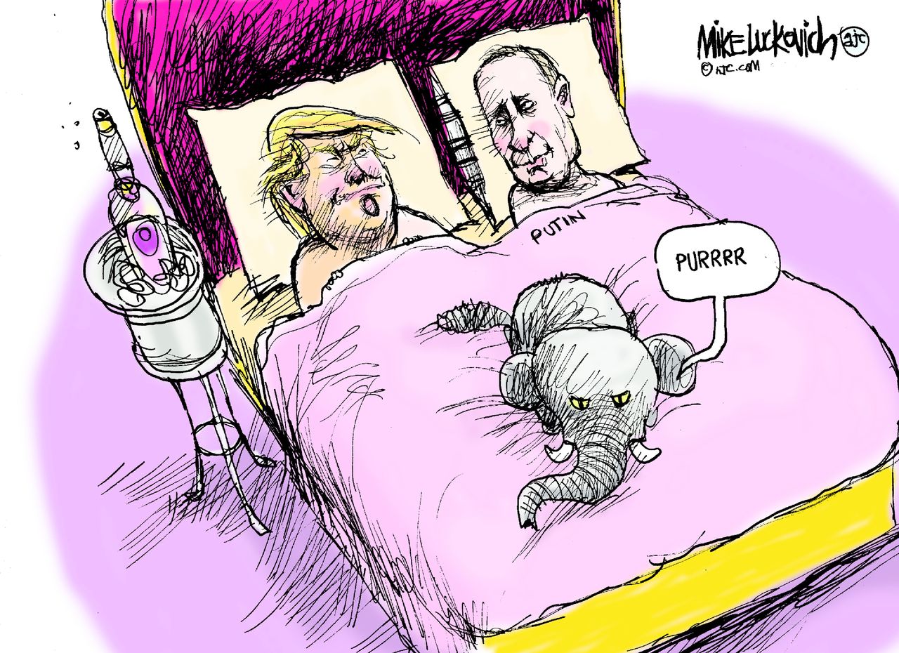 Political cartoon U.S. Donald Trump Putin sleeping with enemy