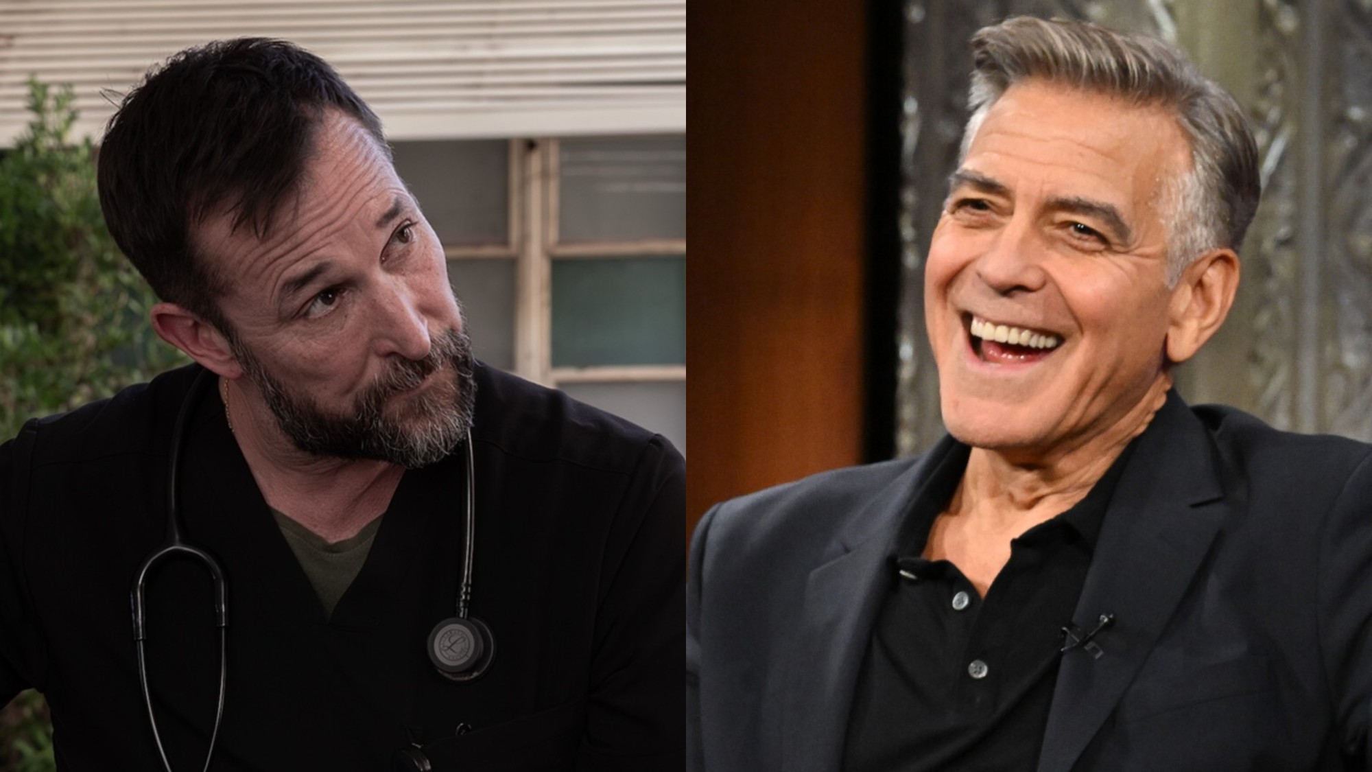 Noah Wyle leaning his head to the right on The Pitt and George Clooney laughing on The Late Show with Stephen Colbert. 