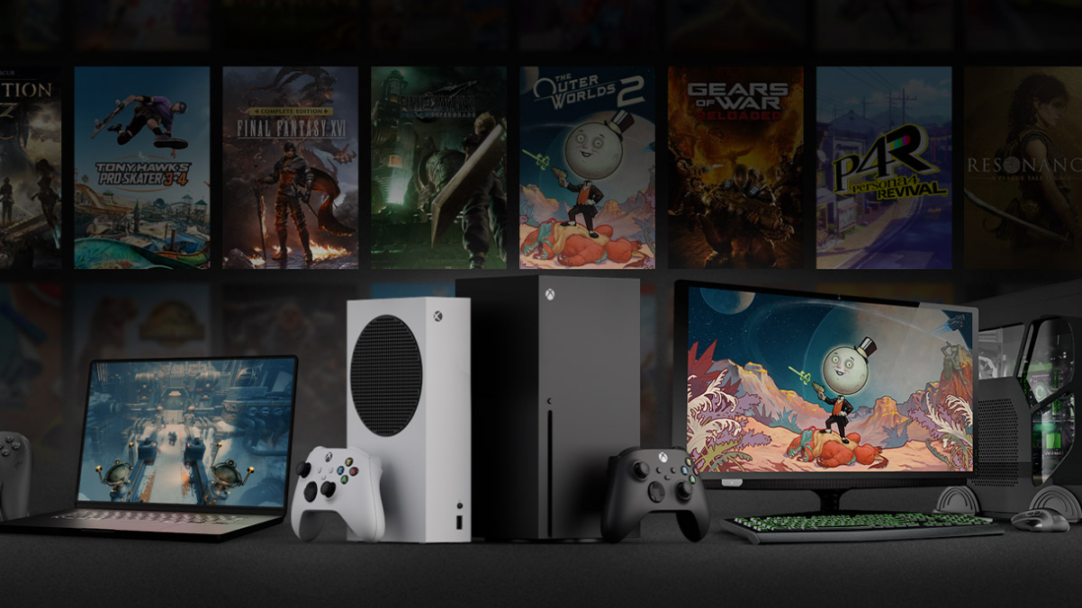 The marketing art for Xbox Play Anywhere featuring Series X|S consoles, a computer, and a laptop in front of game images