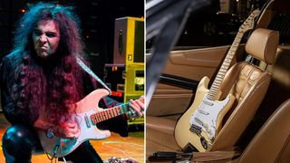 Yngwie Malmsteen performs onstage (left), Malmsteen&#039;s #4 Strat sits in the passenger seat of one of his Ferraris