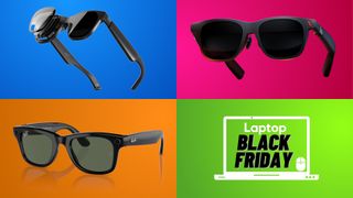 Ray-Ban Meta Smart Glasses, XREAL Air 2 Pro, and Viture Pro XR smart glasses shown in four colorful sections with the Laptop Mag Black Friday deals badge in the bottom right quadrant.