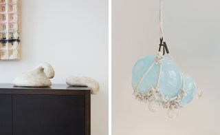 Left, ’Nuda Duo’, by Maria Moyer. Right, ’Large Knotty Bubbles Pendant’, by Lindsay Adelman.
