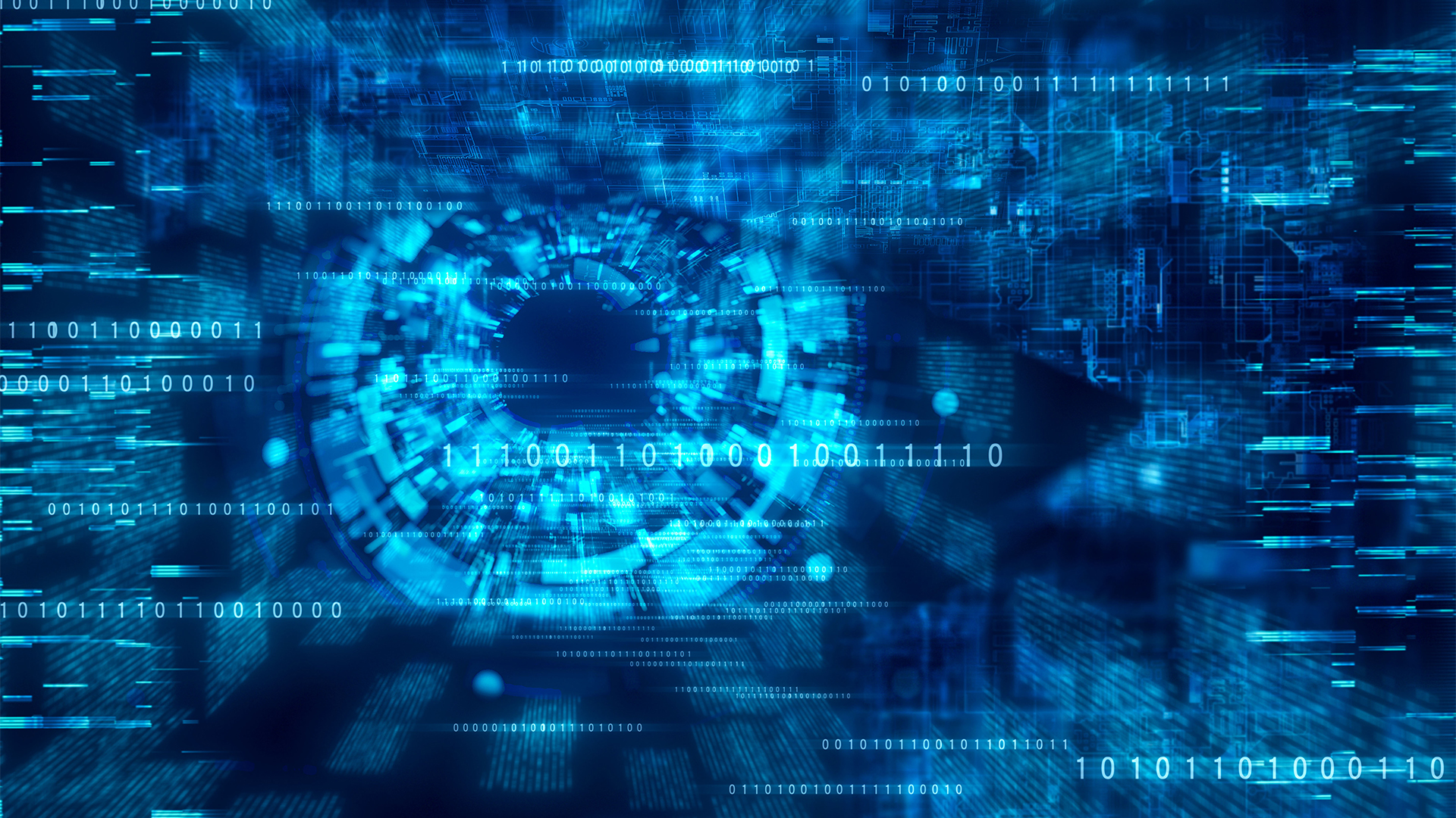 AI ransomware and cyber crime concept image showing a digitized human eye observing networks with computer code.