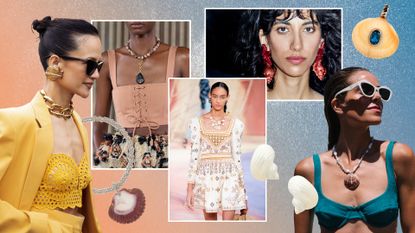 graphic collage of seashell necklaces, bracelets, and earrings, a seashell necklace from Ulla Johnson, and fashion week street style guests wearing shell jewelry