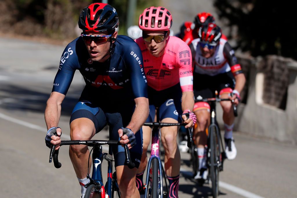 VALDEBLORE LA COLMIANE FRANCE MARCH 13 Rohan Dennis of Australia and Team INEOS Grenadiers Neilson Powless of United States and Team EF Education Nippo during the 79th Paris Nice 2021 Stage 7 a 119km stage from Le Broc to Valdeblore La Colmiane 1501m Breakaway Stage itinerary redesigned due to COVID19 lockdown imposed in the city of Nice ParisNice on March 13 2021 in Valdeblore La Colmiane France Photo by Bas CzerwinskiGetty Images