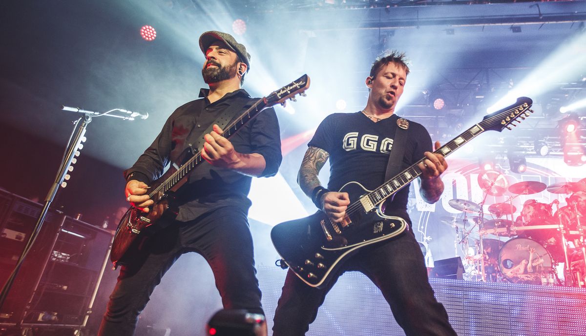 (from left) Rob Caggiano and Michael Poulsen of Volbeat perform on stage at Sala La Riviera on October 09, 2019 in Madrid, Spain