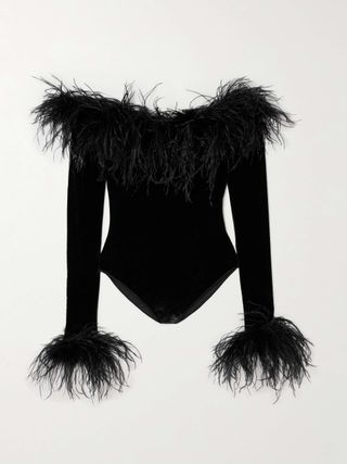 Plumage Off-The-Shoulder Feather-Trimmed Stretch-Velvet Bodysuit