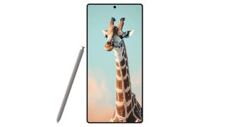 A leaked photo of the Samsung Galaxy S25 Ultra front-on, with its S Pen stylus propped up against its side. On screen is a portrait photo of a giraffe.