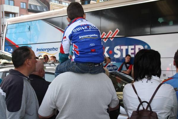 Waiting for Boonen: the Quick Step bus is always thronged at races in Belgium.