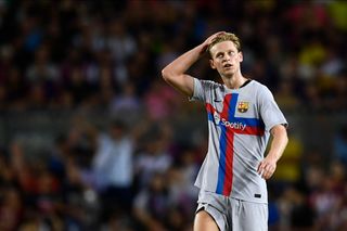 Manchester United target Frenkie de Jong central midfield of Barcelona and Netherlands gestures during the friendly match between FC Barcelona and Manchester City at Camp Nou on August 24, 2022 in Barcelona, Spain.