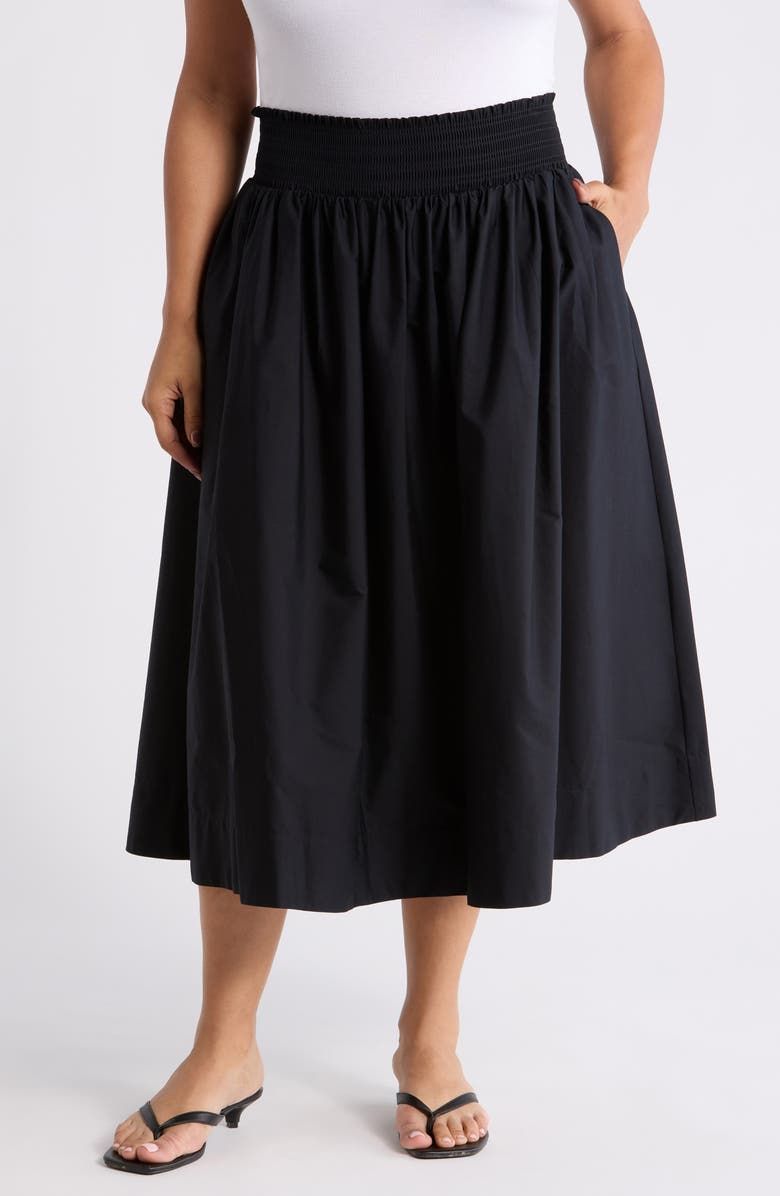 Smocked Waist Pleated Midi Skirt