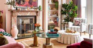 Living room with pink eclectic maximalist decor