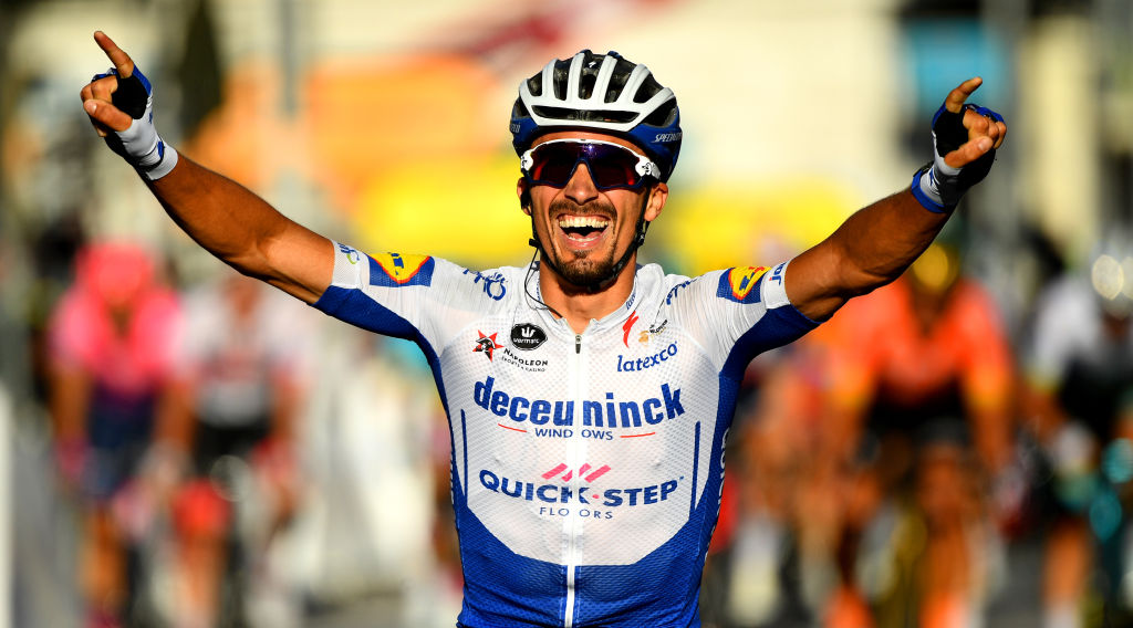 NICE FRANCE AUGUST 30 Arrival Julian Alaphilippe of France and Team Deceuninck QuickStep Celebration during the 107th Tour de France 2020 Stage 2 a 186km stage from Nice Haut Pays to Nice TDF2020 LeTour on August 30 2020 in Nice France Photo by Stuart FranklinGetty Images