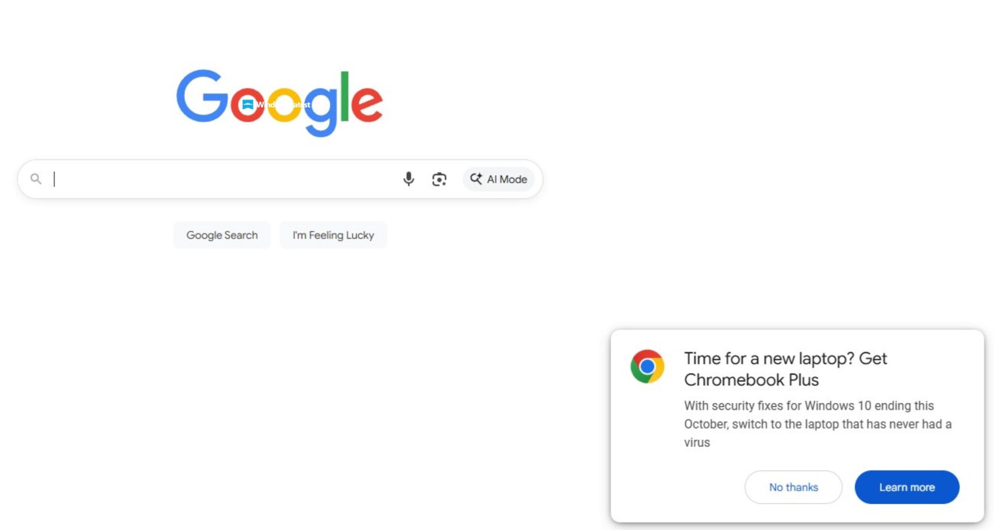 Google popup recommending chromebook plus