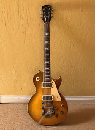 A photo showing the body of the 1960 Les Paul Standard Waddy Wachtel has used for most of his career, which he purchased from guitarist Stephen Stills in the late 1960s