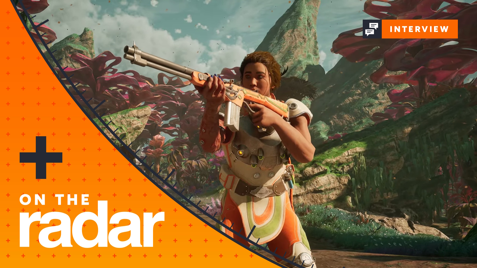 On the Radar-branded The Outer Worlds 2 screenshot featuring Inez firing a rifle