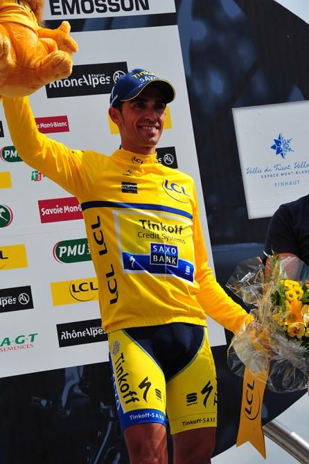 Alberto Contador (Tinkoff Saxo) celebrates his race lead at the Crit&eacute;rium du Dauphin&eacute;
