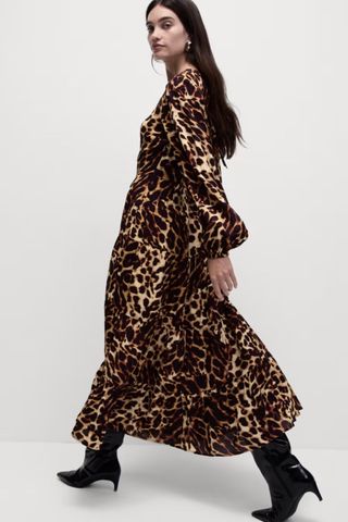 M&S Collection New Animal Print Midi Waisted Tiered Dress