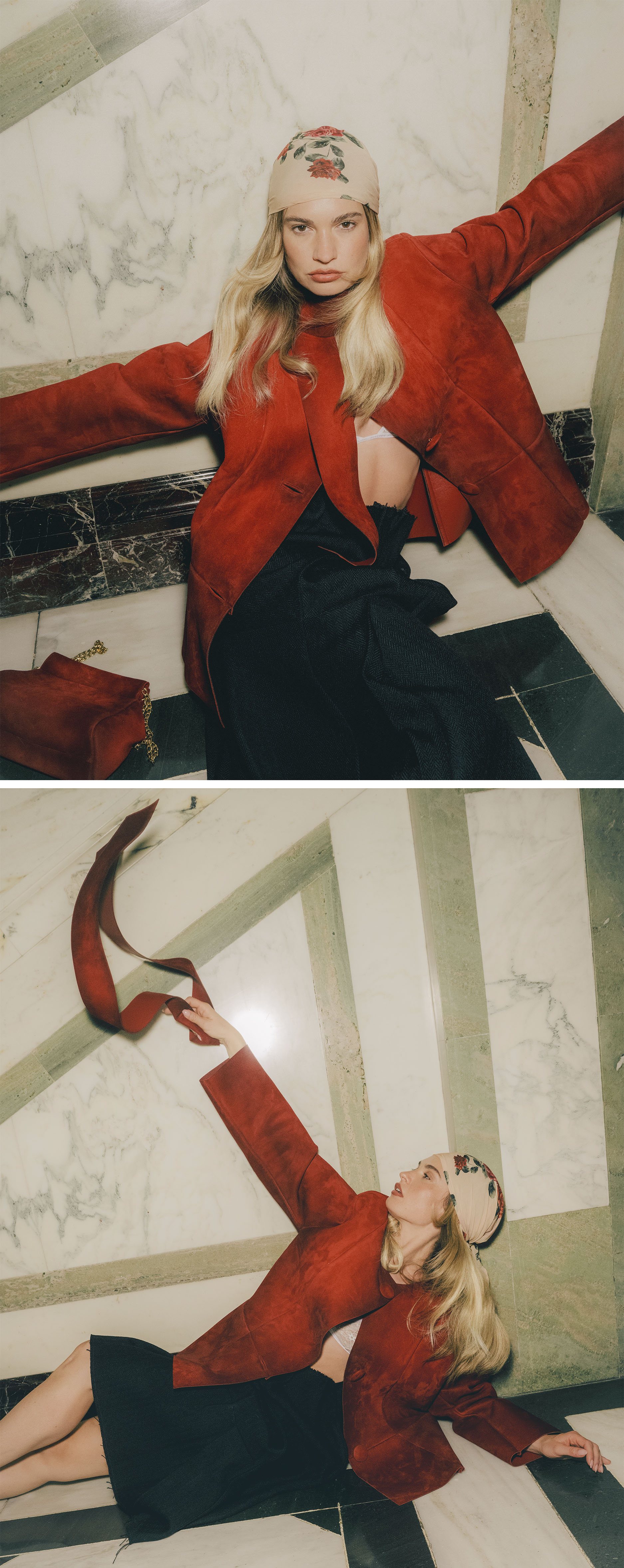 Images of Lily James for Who What Wear's August 2025 cover story. Lily is sitting on a marble floor wearing a red suede jacket, black skirt, and floral print headscarf.