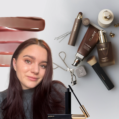 Brooke knappenberger wearing merit beauty makeup overlaid flat lays of merit products and swatches of merit lip glosses