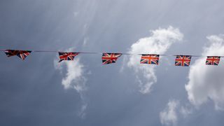 Union Jack bunting stretched across a residential street in Belfast, the Capital of Northern Ireland.