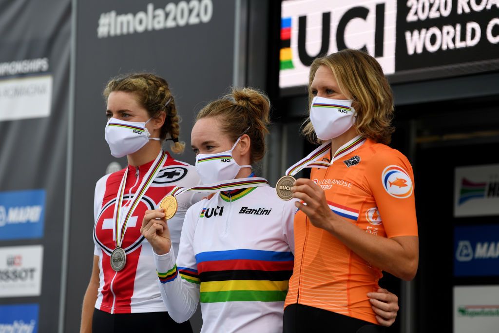 IMOLA ITALY SEPTEMBER 24 Podium Marlen Reusser of Switzerland Silver medal Anna Van Der Breggen of The Netherlands World Champion Jersey Gold medal Ellen Van Dijk of The Netherlands Bronze Medal Celebration Mask during the 93rd UCI Road World Championships 2020 Women Elite Individual Time Trial a 317km stage from Imola to Imola ITT ImolaEr2020 Imola2020 on September 24 2020 in Imola Italy Photo by Tim de WaeleGetty Images