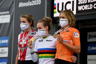 IMOLA ITALY SEPTEMBER 24 Podium Marlen Reusser of Switzerland Silver medal Anna Van Der Breggen of The Netherlands World Champion Jersey Gold medal Ellen Van Dijk of The Netherlands Bronze Medal Celebration Mask during the 93rd UCI Road World Championships 2020 Women Elite Individual Time Trial a 317km stage from Imola to Imola ITT ImolaEr2020 Imola2020 on September 24 2020 in Imola Italy Photo by Tim de WaeleGetty Images
