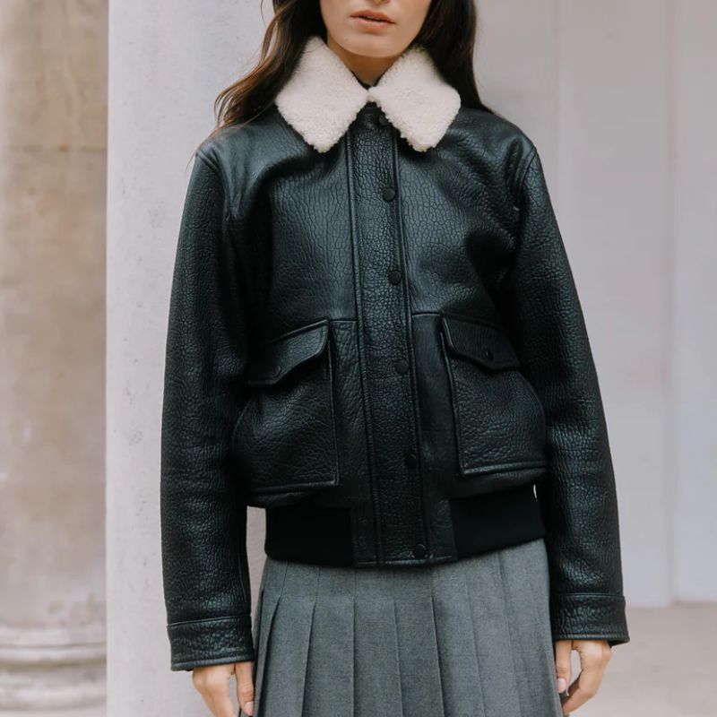 shearling-trimmed leather jacket