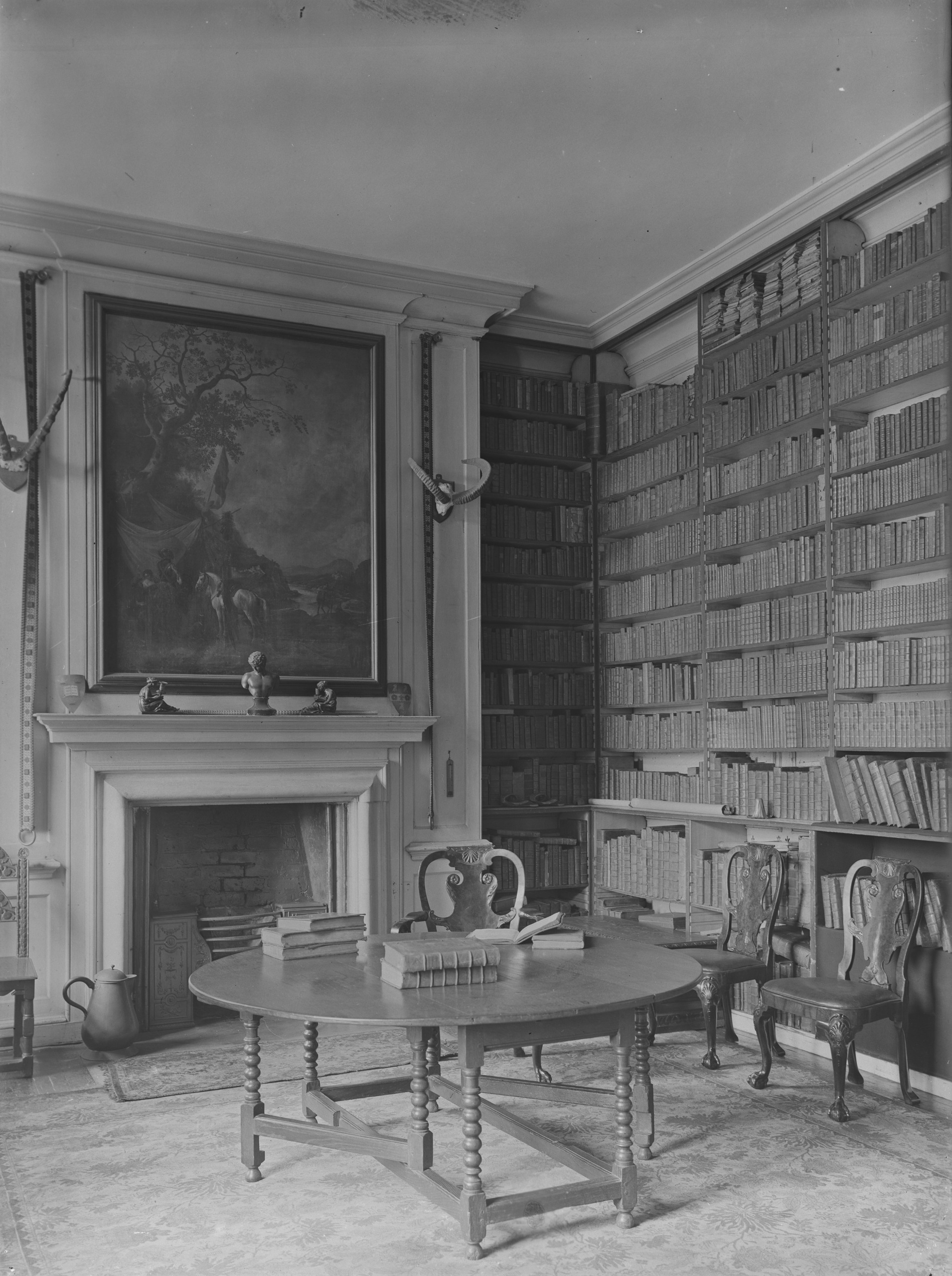 A library rich with books and a fireplace