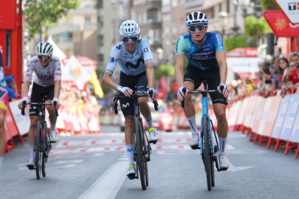 GRANADA SPAIN AUGUST 25 LR Enric Mas of Spain and Team Movistar and Felix Gall of Austria and Team Decathlon AG2R La Mondiale cross the finish line during the La Vuelta 79th Tour of Spain 2024 Stage 9 a 1785km stage from Motril to Granada UCIWT on August 25 2024 in Granada Spain Photo by Tim de WaeleGetty Images