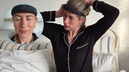 The image shows a light haired woman wearing black pyjamas sitting up in bed while adjusting a black headband. Inset in the top left, the same woman is seen wearing the headband while smiling with her eyes closed