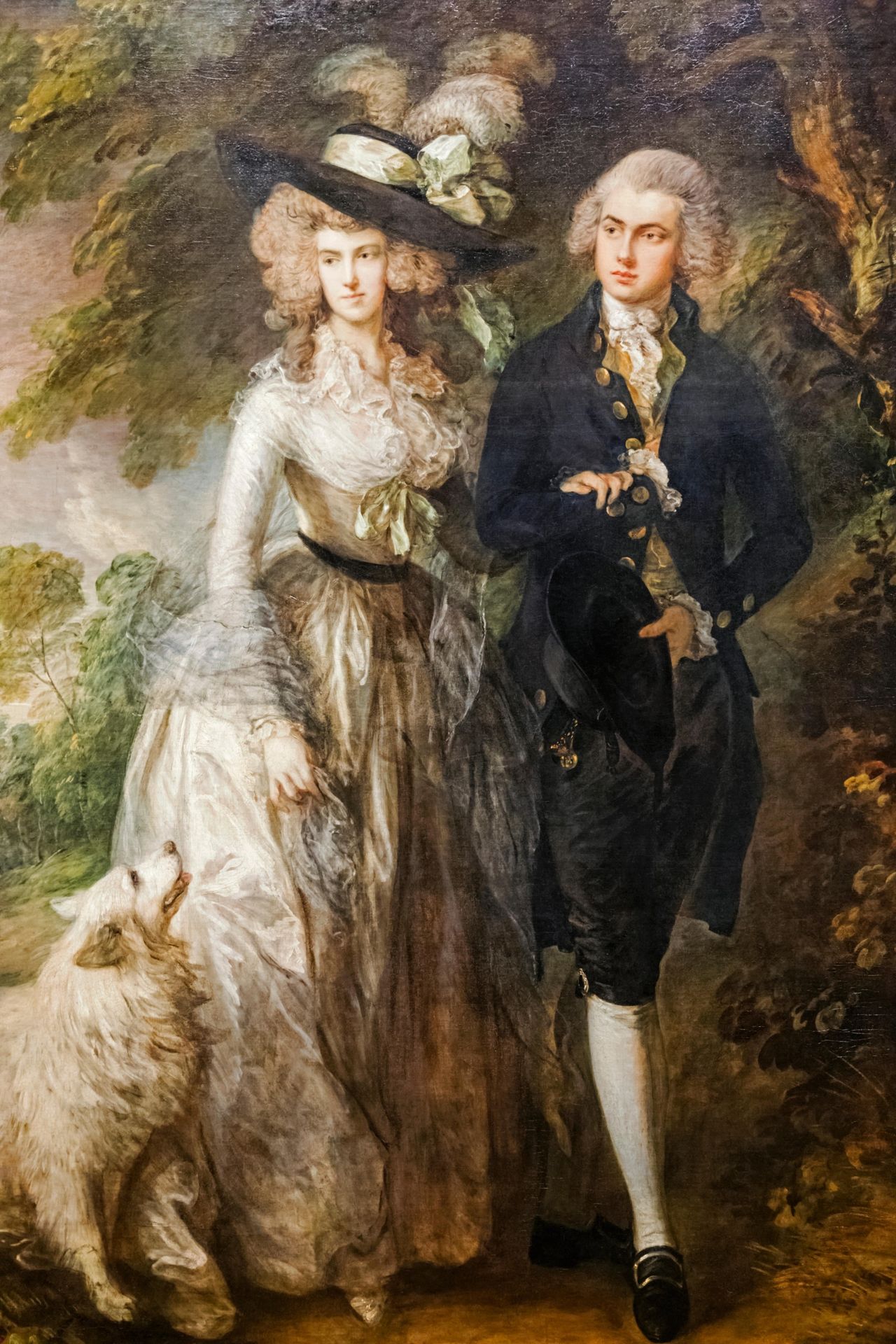 Thomas Gainsborough's The Morning Walk depicts Mr and Mrs William Hallett strolling through a wooded landscape, accompanied by a large, cream-coloured dog looking up at Mrs Hallett.