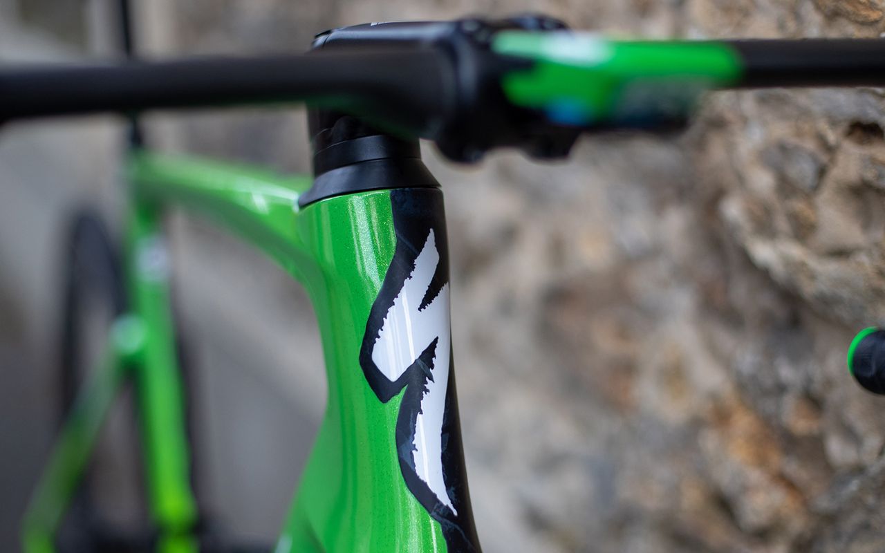 The Specialized logo intersects the green and darker sides of the bike