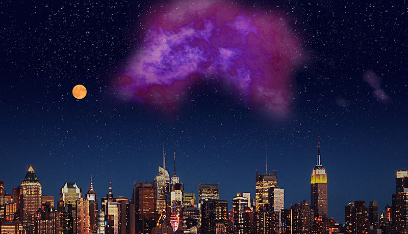 An illustration of the NYC skyline at night with a large purple cloud in the sky