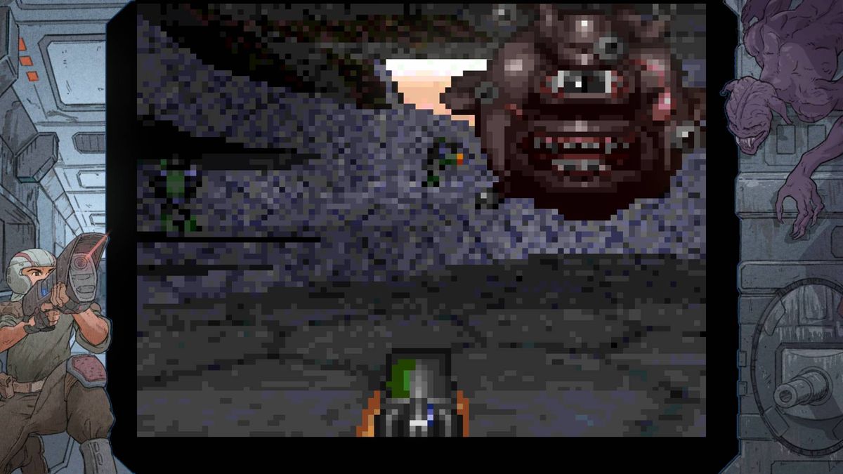 Alien Breed gameplay screenshot with 3D player facing enemy.